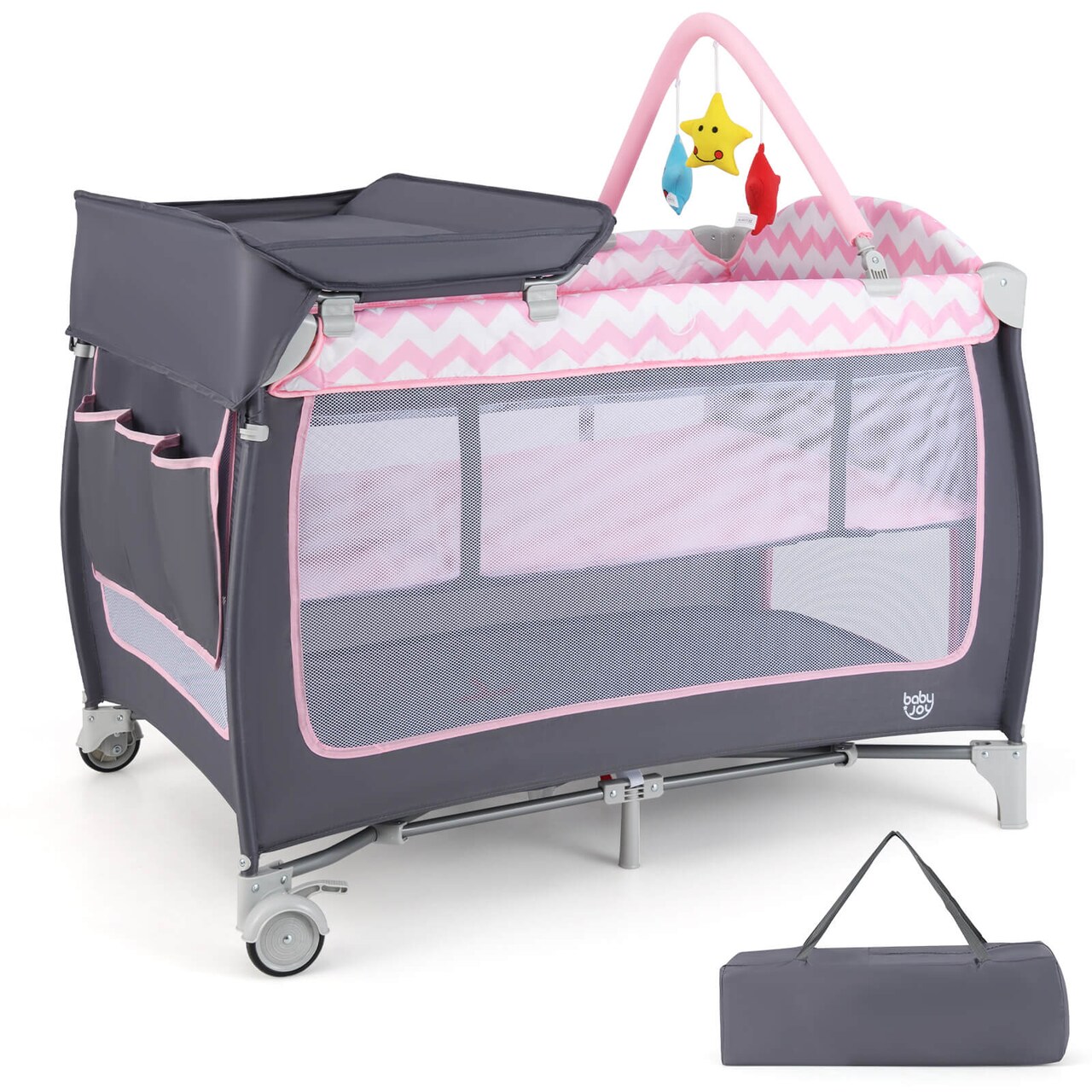 Babyjoy 3 in 1 Baby Playard Portable Infant Nursery Center w/ Zippered Door Pink/Grey/Pink & White/Green